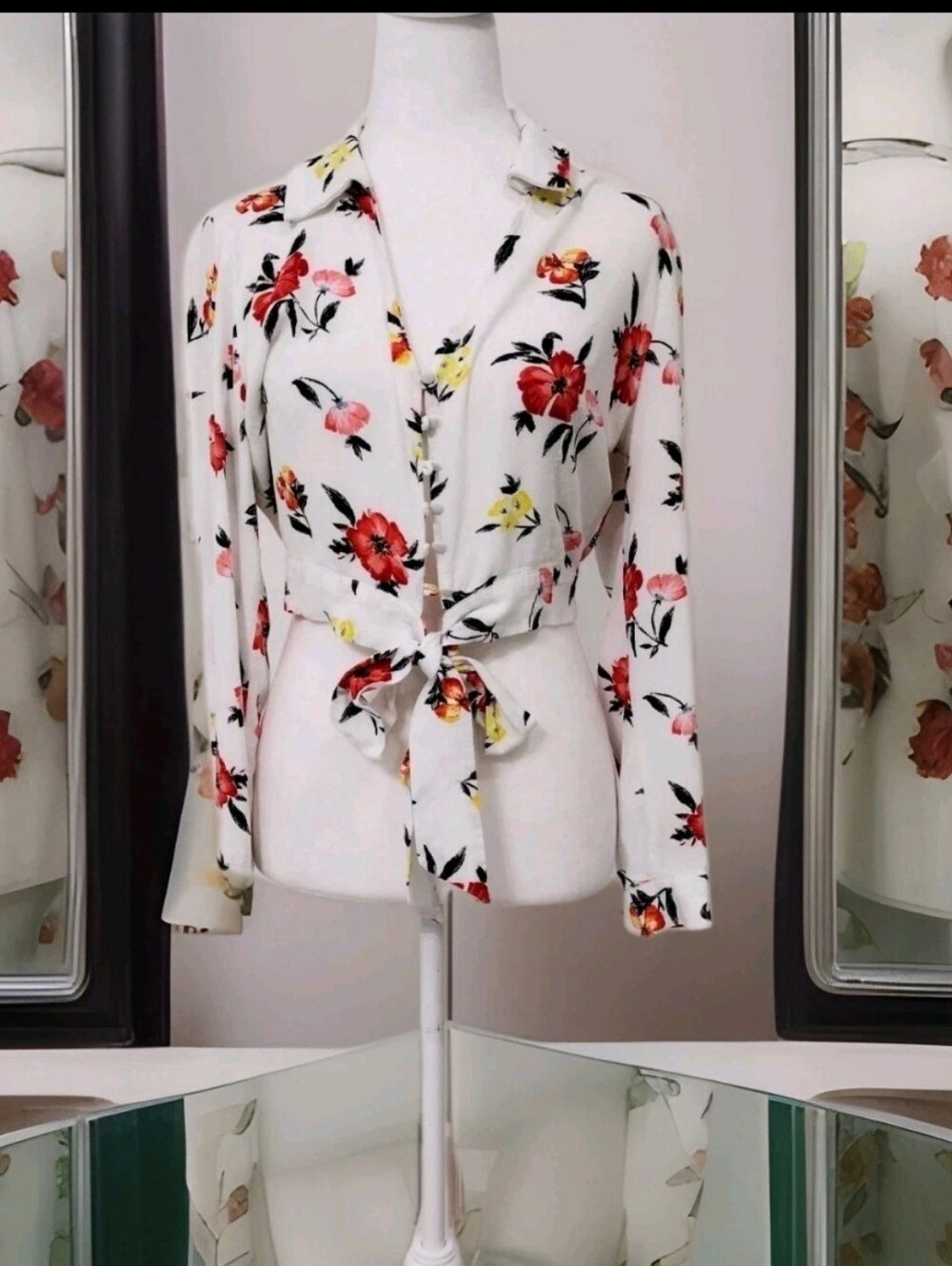 Forever 21 White Floral Tie-Front Blouse with Red, Pink & Yellow Flowers